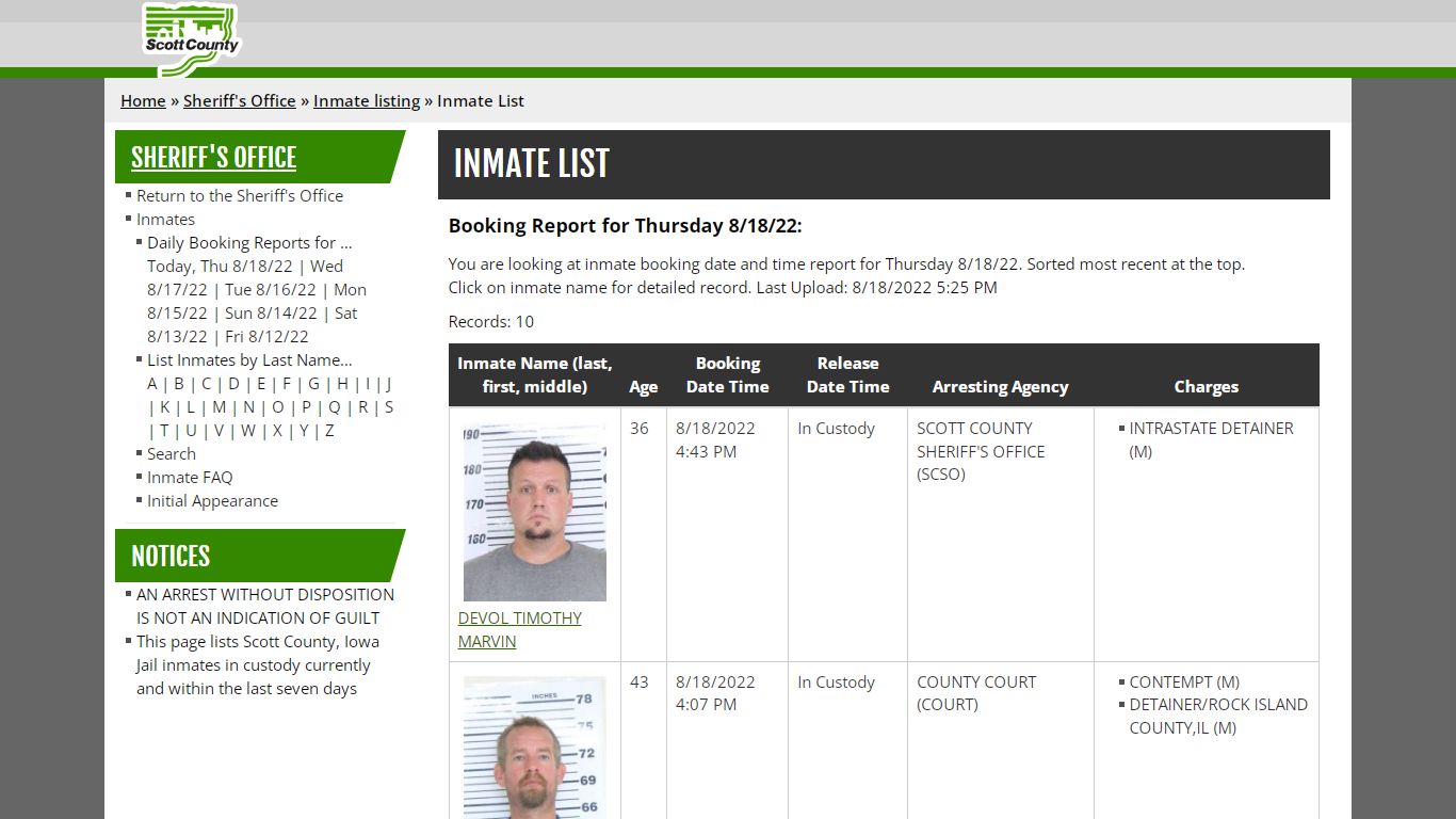Inmate List - Scott County, Iowa